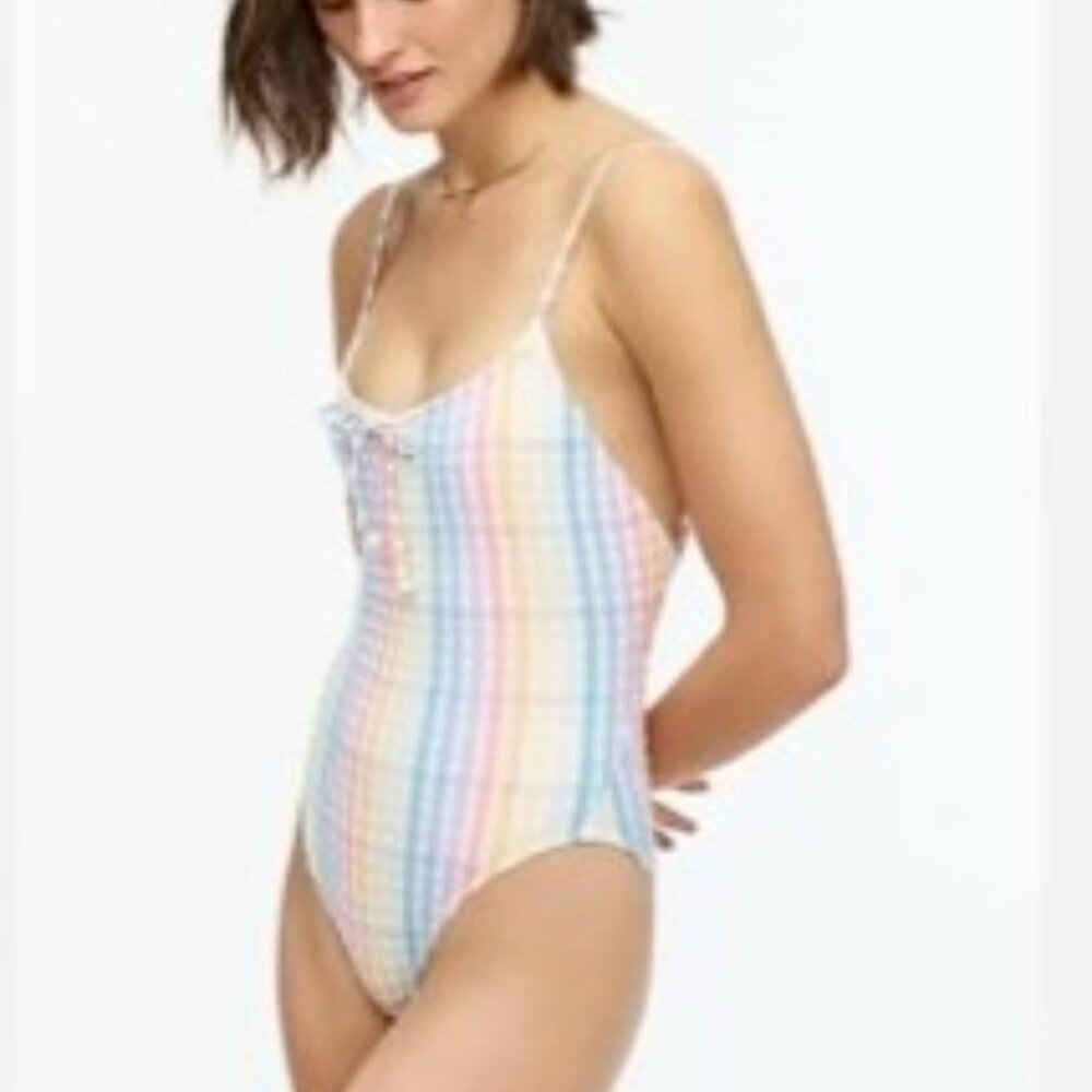 J Crew One Piece Swimsuit Rainbow Stripe Gingham Seersucker Women's Size 6 - Picture 3 of 3